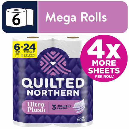 Ultra Plush 3-Ply Toilet Paper, 6 Mega Rolls, 255 Sheets Per Roll