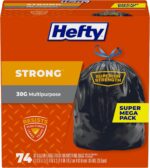 Strong Large Trash Bags, Black, 30 Gallon, 74 Count