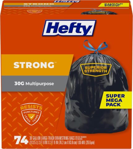 Strong Large Trash Bags, Black, 30 Gallon, 74 Count