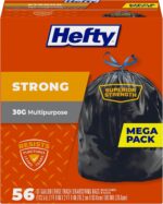 Strong 30 Gallon Trash Bags, Large Trash Bags 30 Gallon Size, Durable Drawstring Enclosure, Resists Punctures, Leaks, and Tears, Black, Unscented, 56 Bags