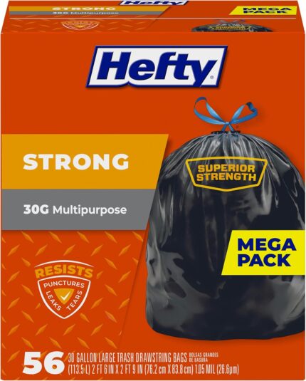 Strong 30 Gallon Trash Bags, Large Trash Bags 30 Gallon Size, Durable Drawstring Enclosure, Resists Punctures, Leaks, and Tears, Black, Unscented, 56 Bags